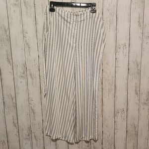 Wide Leg Striped Linen-Blend Pants - White & Blue